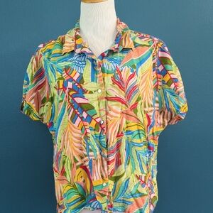Colorful Tropical Print Linen Button-Up Shirt